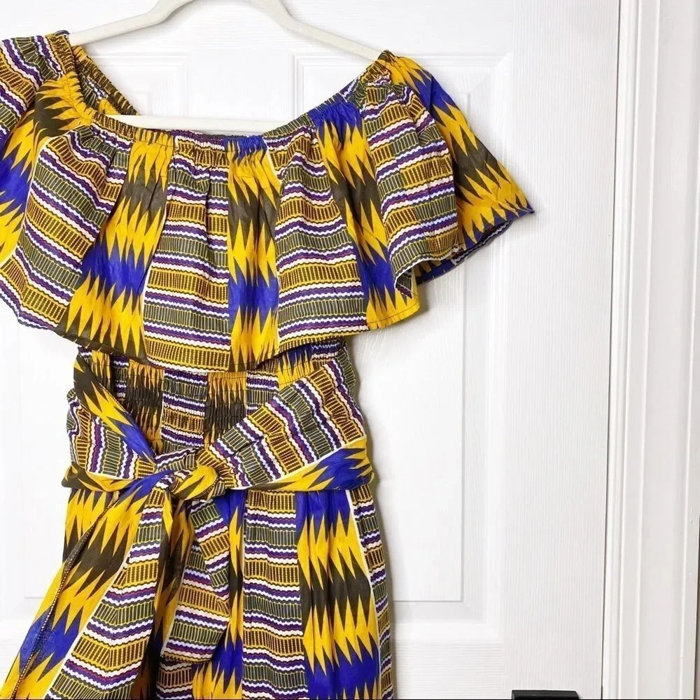AFRICAN PRINT Off‎ Shoulder Midi Dress Size Small - Picture 2 of 6